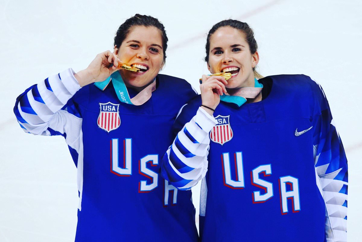 Hannah and Dani celebrating Gold with Team USA